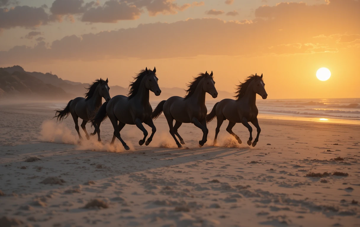 석양이 지는 넓은 모래사장을 달리는 검은 말들