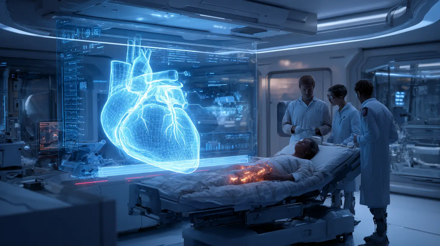 Futuristisches Krankenzimmer mit holografischer Herzanzeige des Patienten