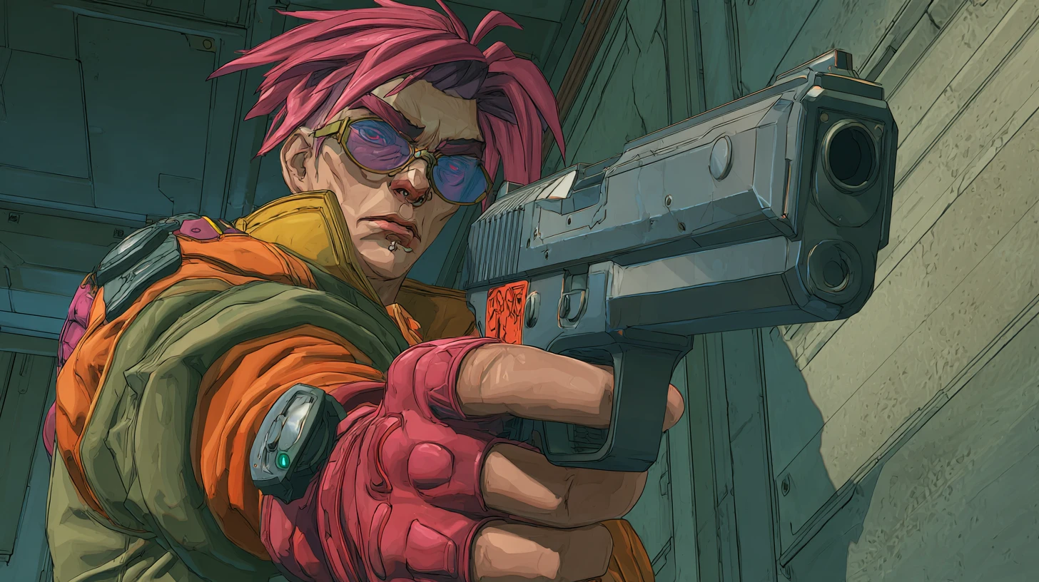 Cyborg cyberpunk che mira con una pistola in movimento dinamico