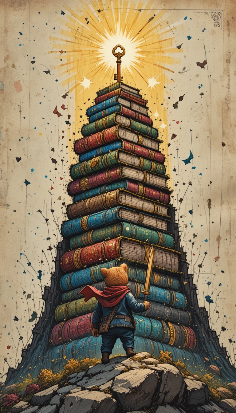 Coraggioso cucciolo d’orso che scala una torre di libri a pastello