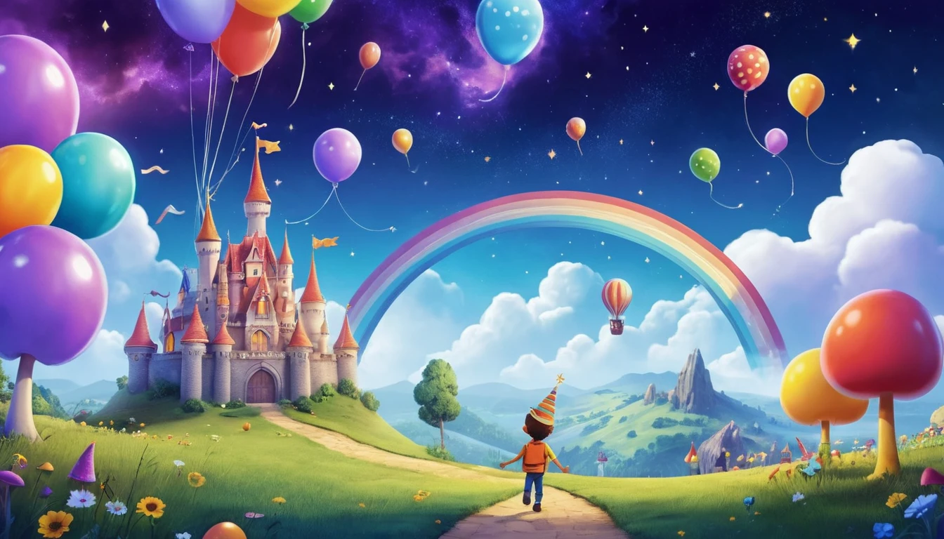 Little boy in a colorful magic world with smiling moon