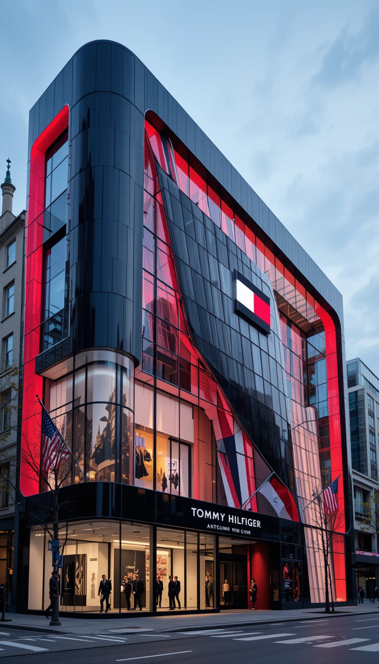 Edifício flagship futurista com fachada iluminada e arrojada
