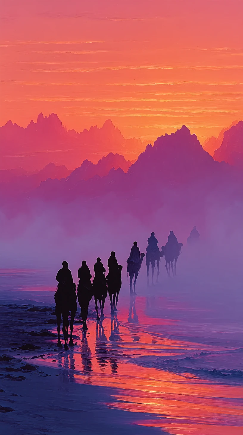 Carovana di cavalieri tuareg che attraversa il deserto all’alba