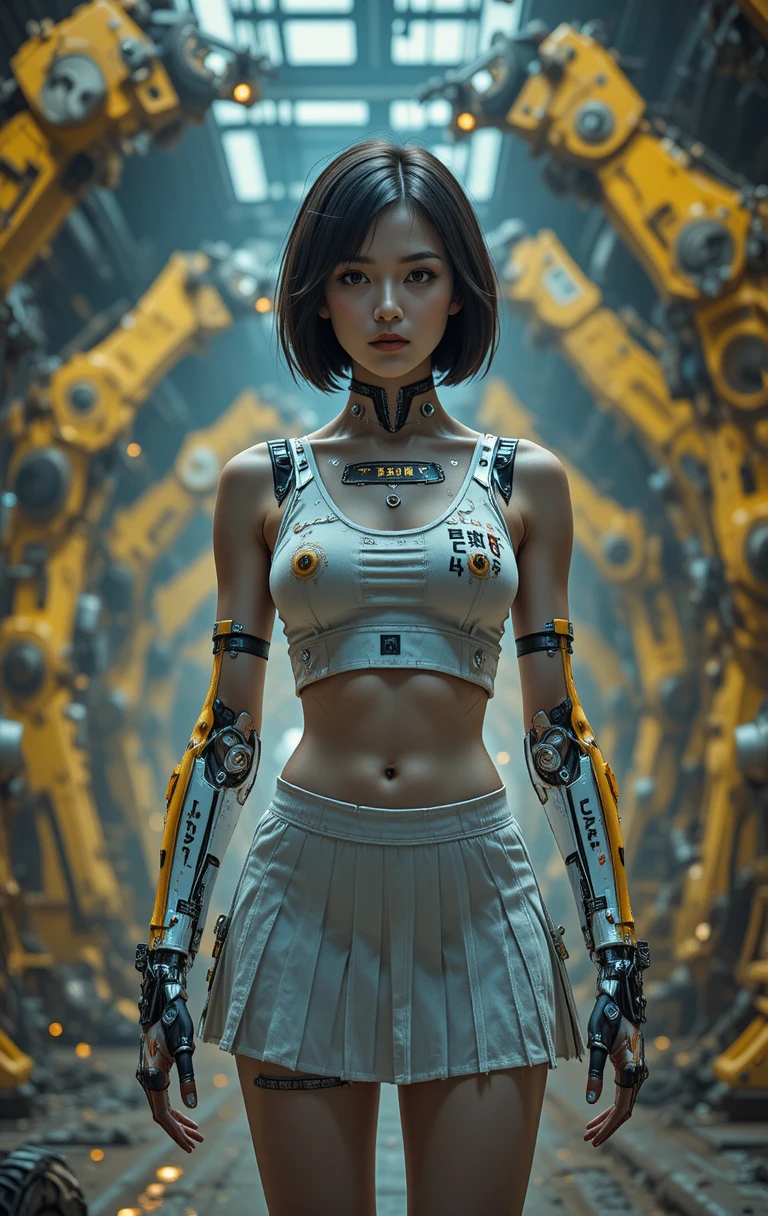 Femme cyborg en crop top déchiré dans une sombre usine industrielle