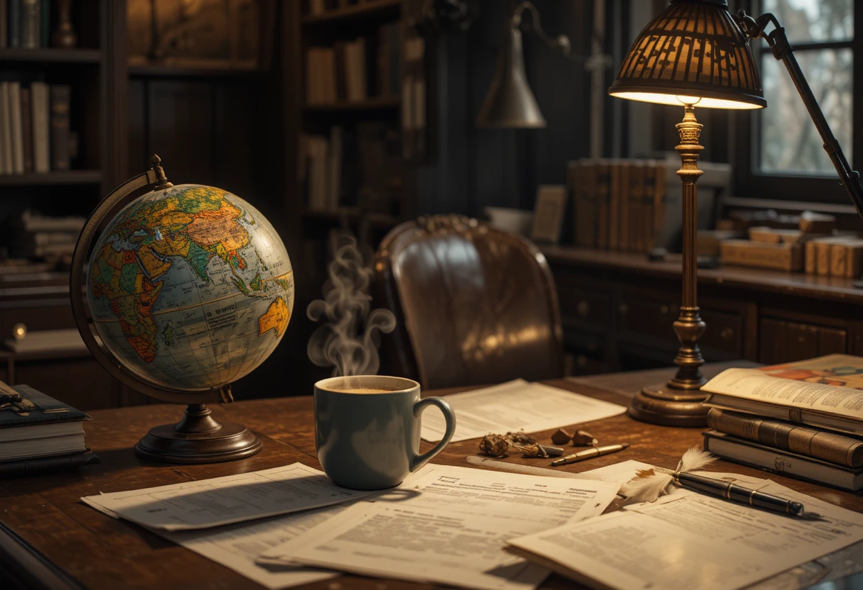 Acogedor Escritorio Vintage con Globo Terráqueo y Taza de Café Humeante