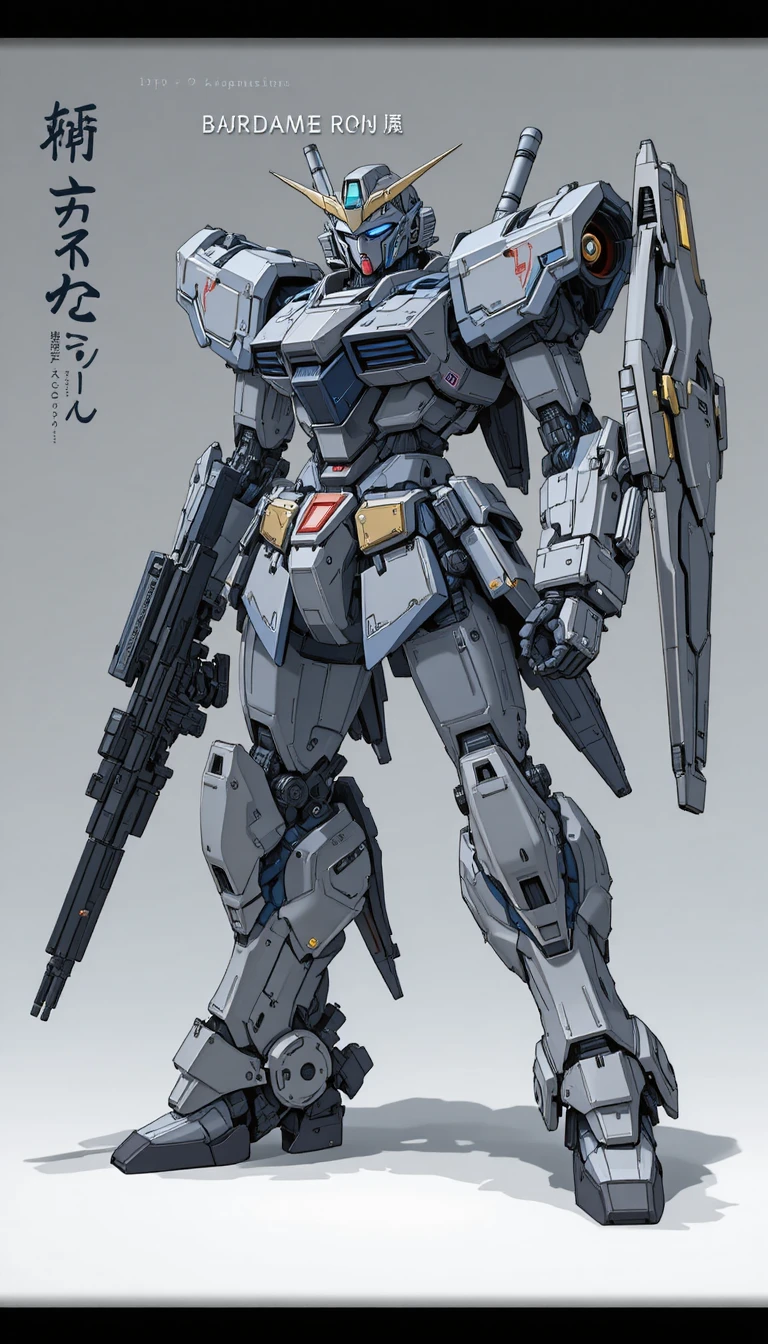 Meca humanóide futurista com rifle em pose dinâmica de corpo inteiro