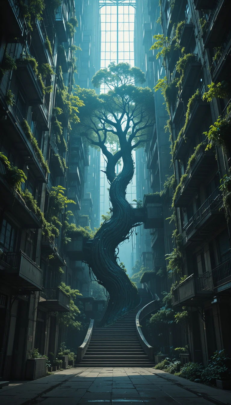Torre di città futuristica con albero gigante e piazza in pietra