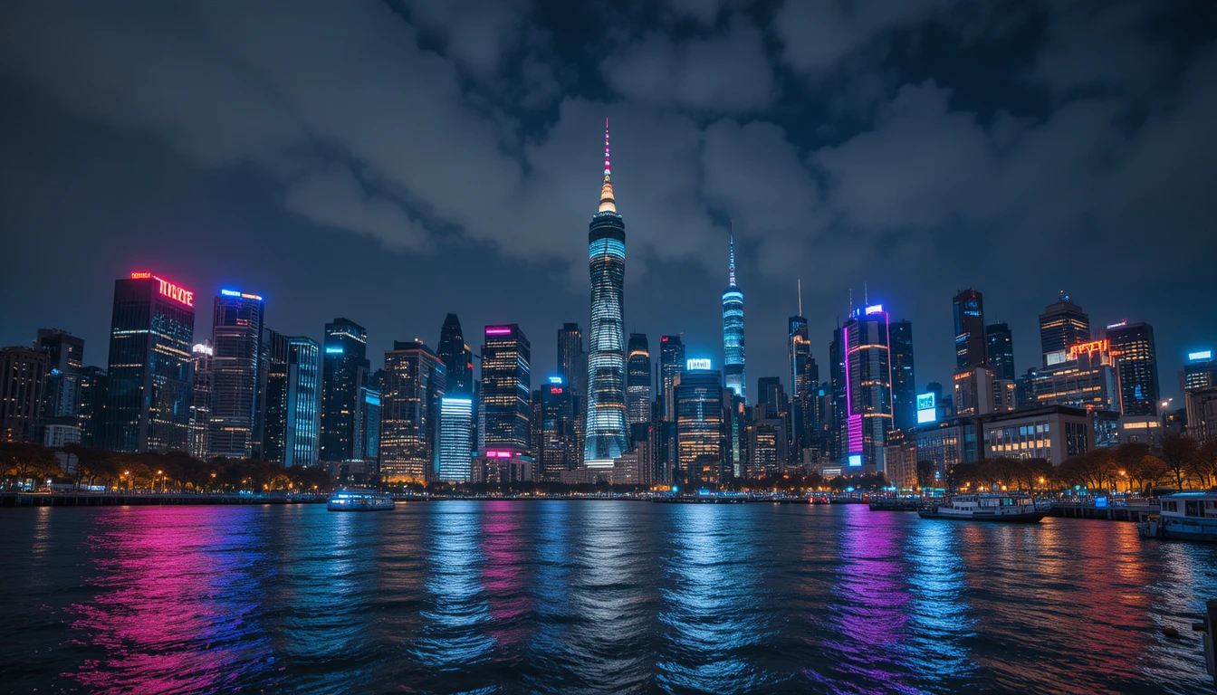 Skyline nocturne vibrante au-dessus d’une ville en bord de rivière