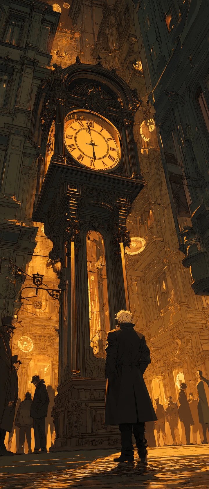 Anime thief stealing time from a glowing city street clock
