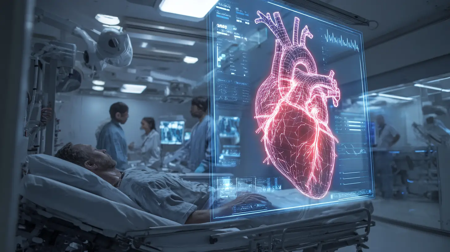 Futuristische Ärzte untersuchen ein leuchtendes Herz-Hologramm im Krankenhaus