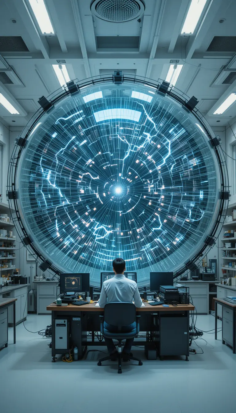 Scientist watching electric arcs inside a giant glass sphere