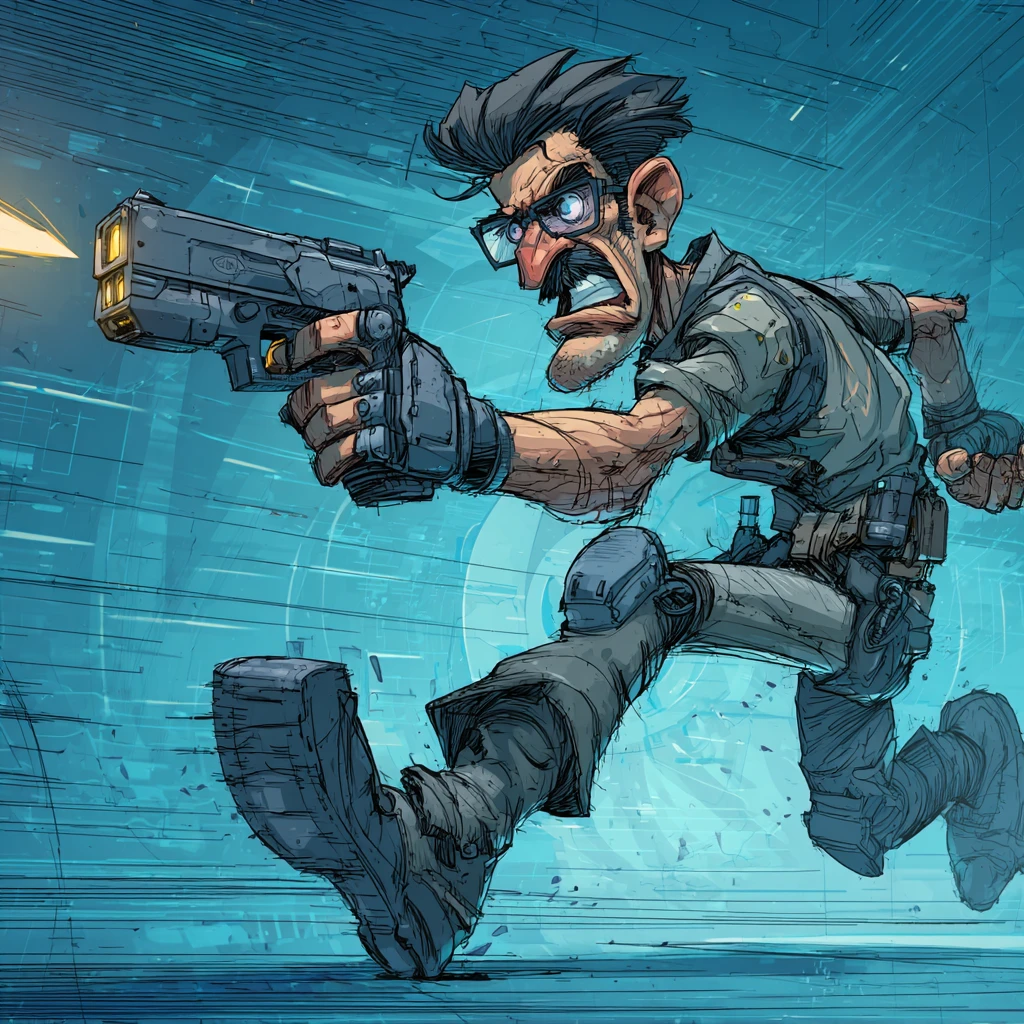Ciborgue cyberpunk mirando uma pistola em uma pose dinâmica