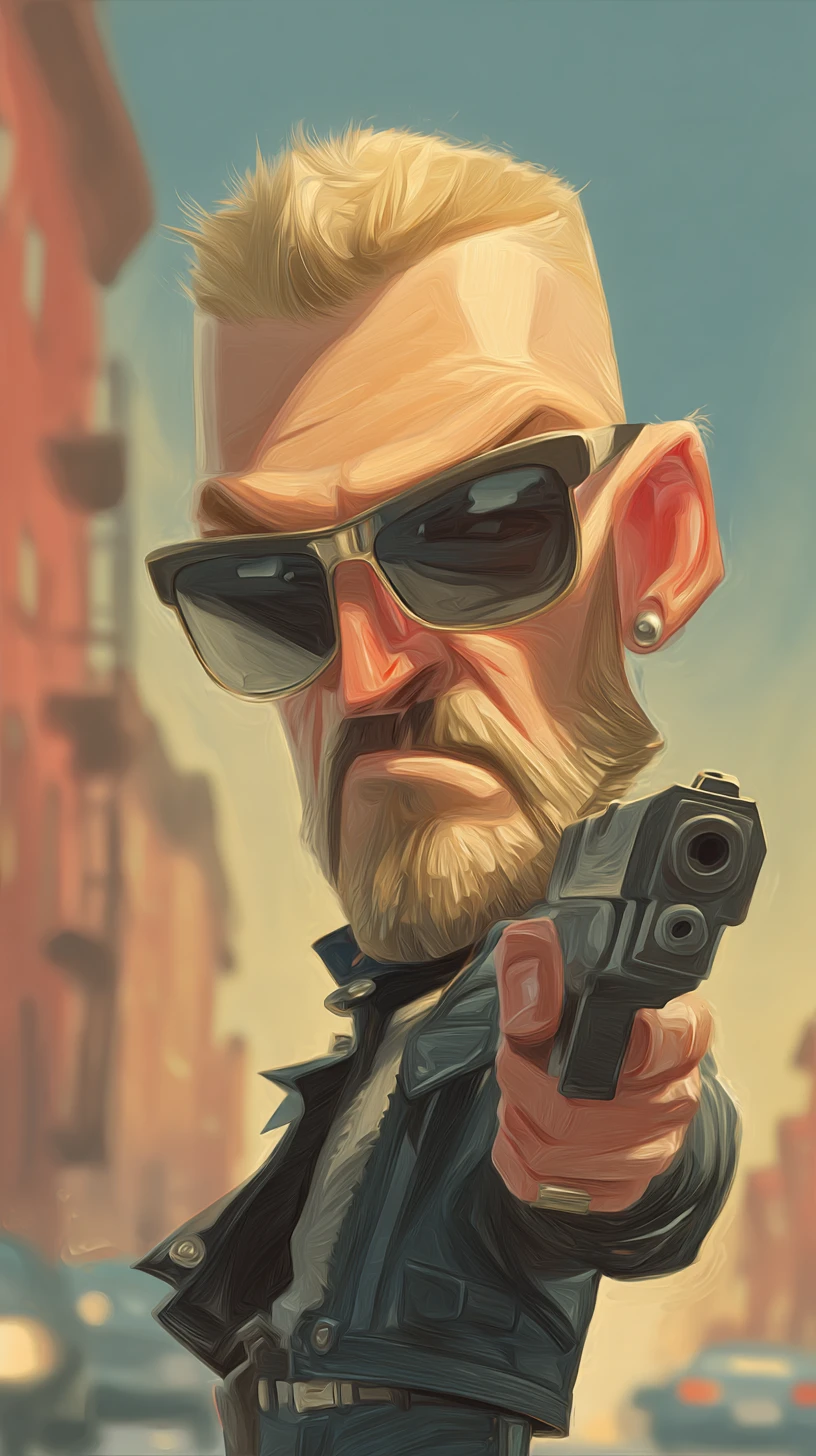 Ciborgue cyberpunk mirando uma arma de mão em uma cena de cidade 3D