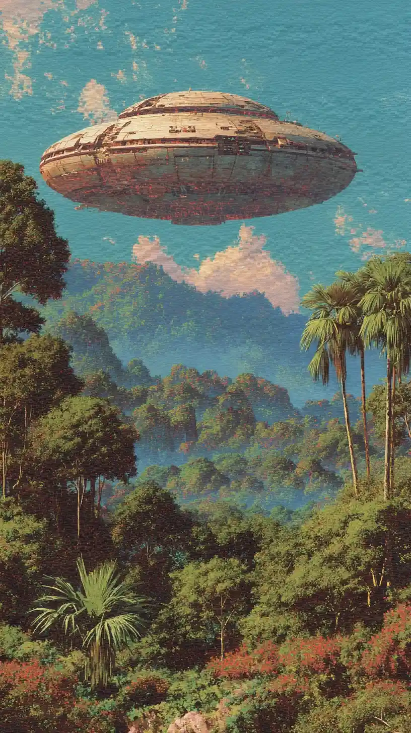 Futuristisches UFO über üppiger Waldlandschaft in der Nacht