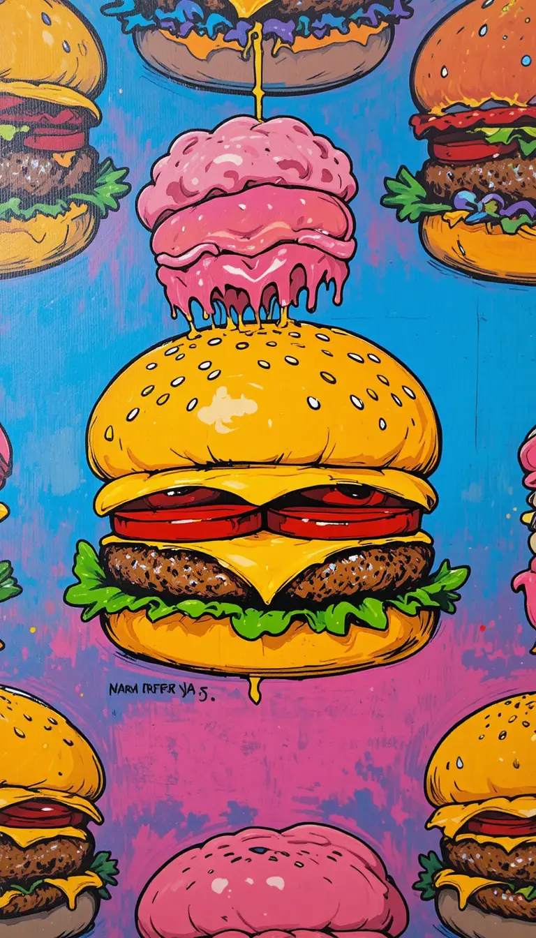 Pop-Art-Muster mit sich wiederholenden grafischen Cheeseburger-Icons