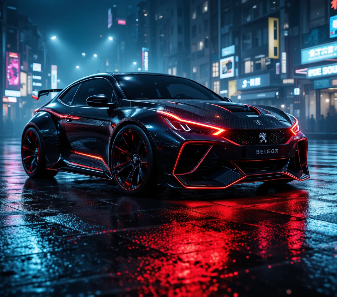 霓虹燈照亮夜街上的未來感 Peugeot 跑車