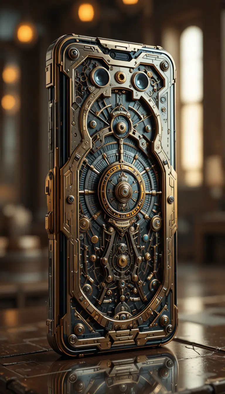 Futuristic steampunk smartphone with brass details and depth