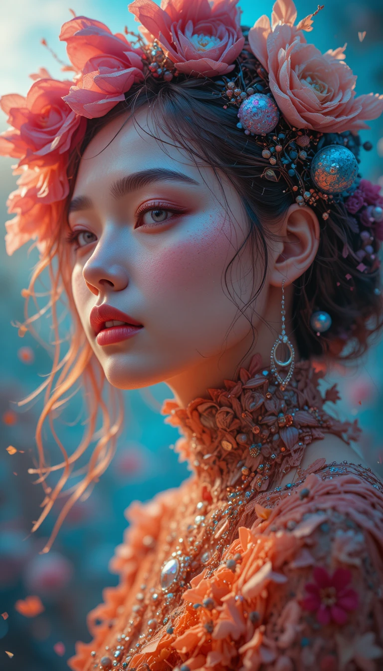선명한 시네마틱 판타지 세계의 초현실적인 패션 여성