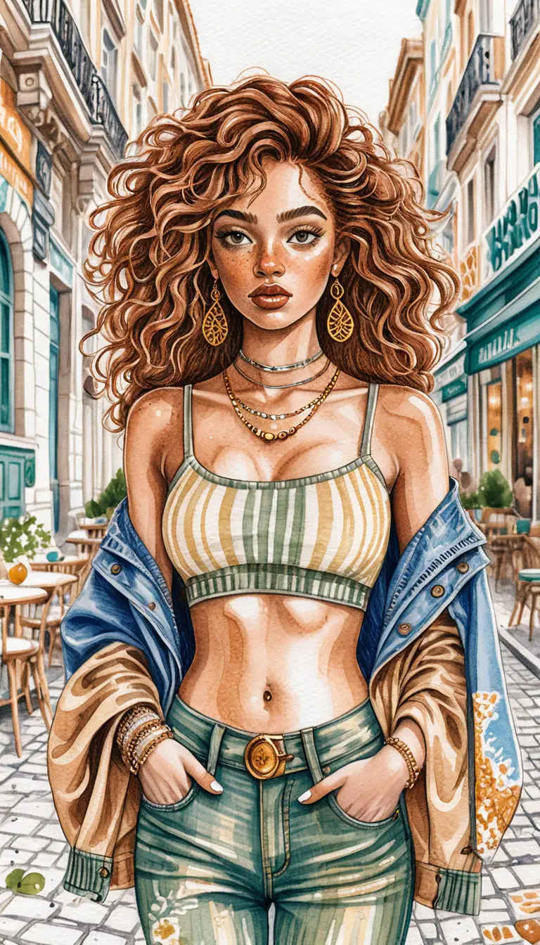Stylish woman on a sunny Parisian street illustration