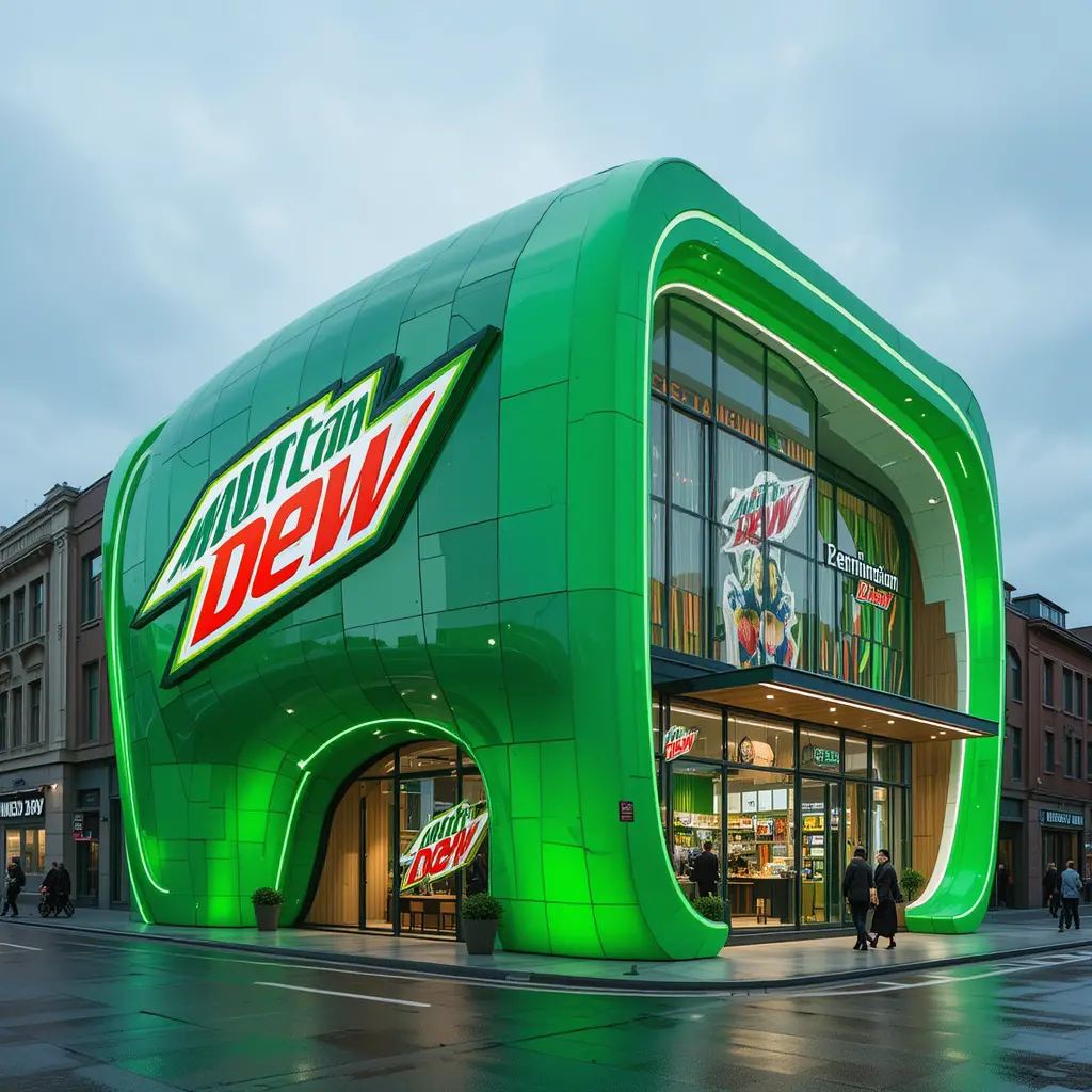 Futuristic green flagship store glowing with modern architecture