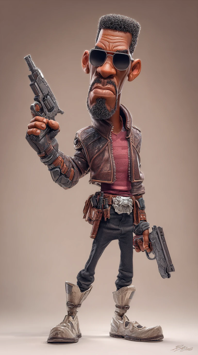 Herói ciborgue cyberpunk mirando uma pistola em pose dinâmica