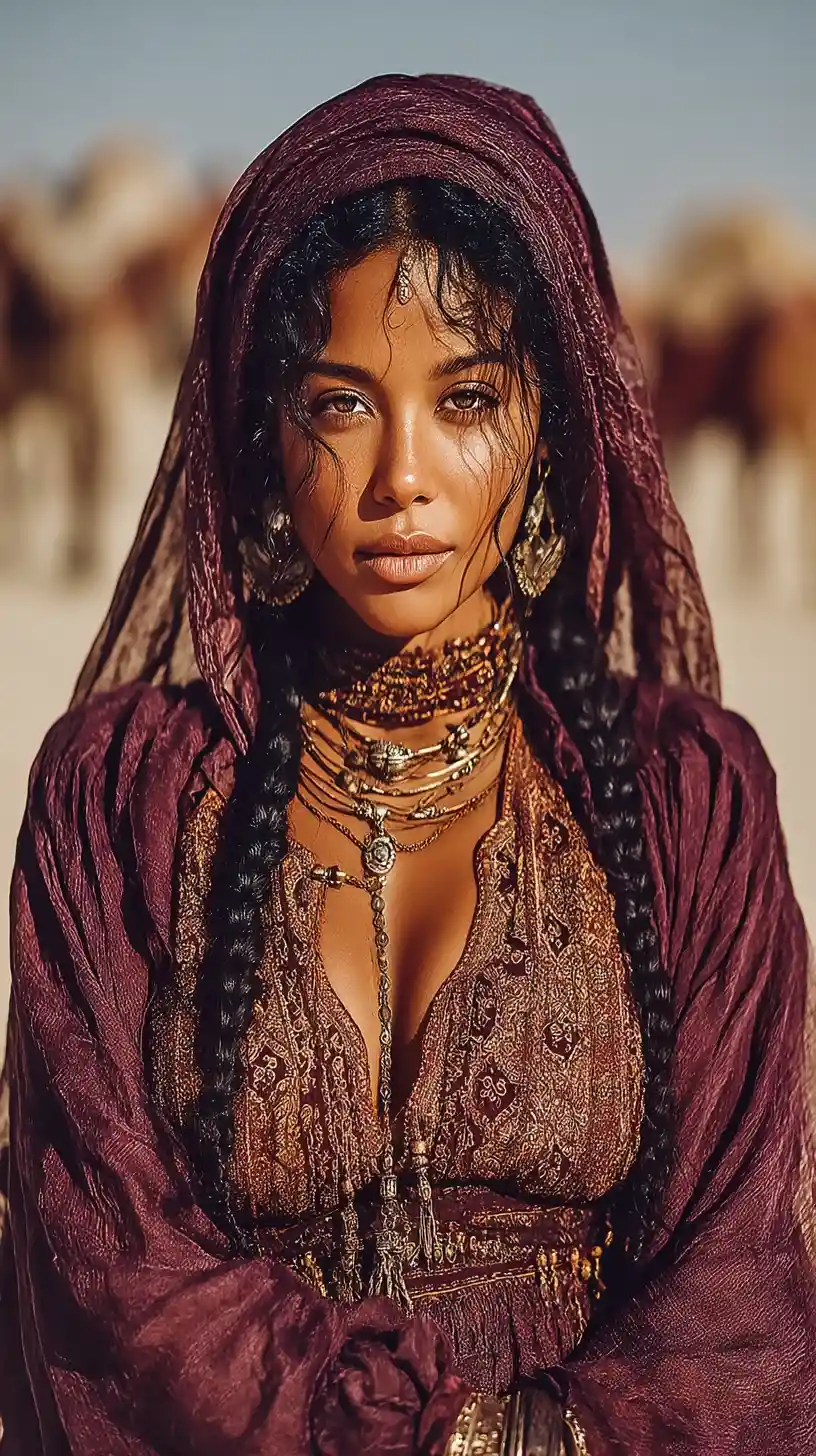 Arab woman standing gracefully at the heart of a desert oasis