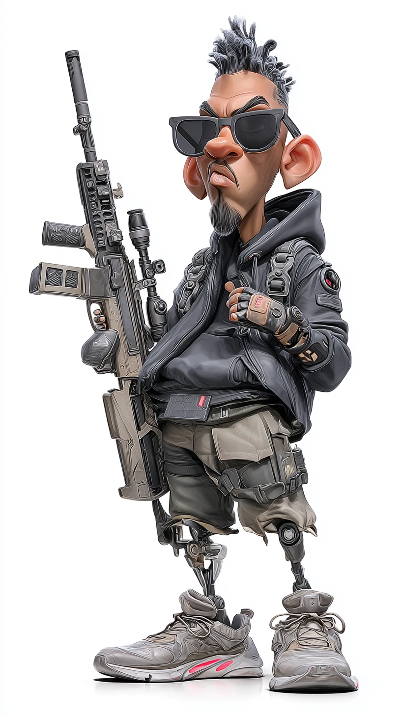Cecchina cyborg cyberpunk in posa in una città sci‑fi