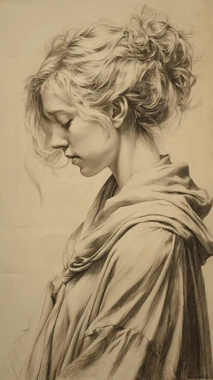 Pencil portrait of a young woman in melancholic side profile