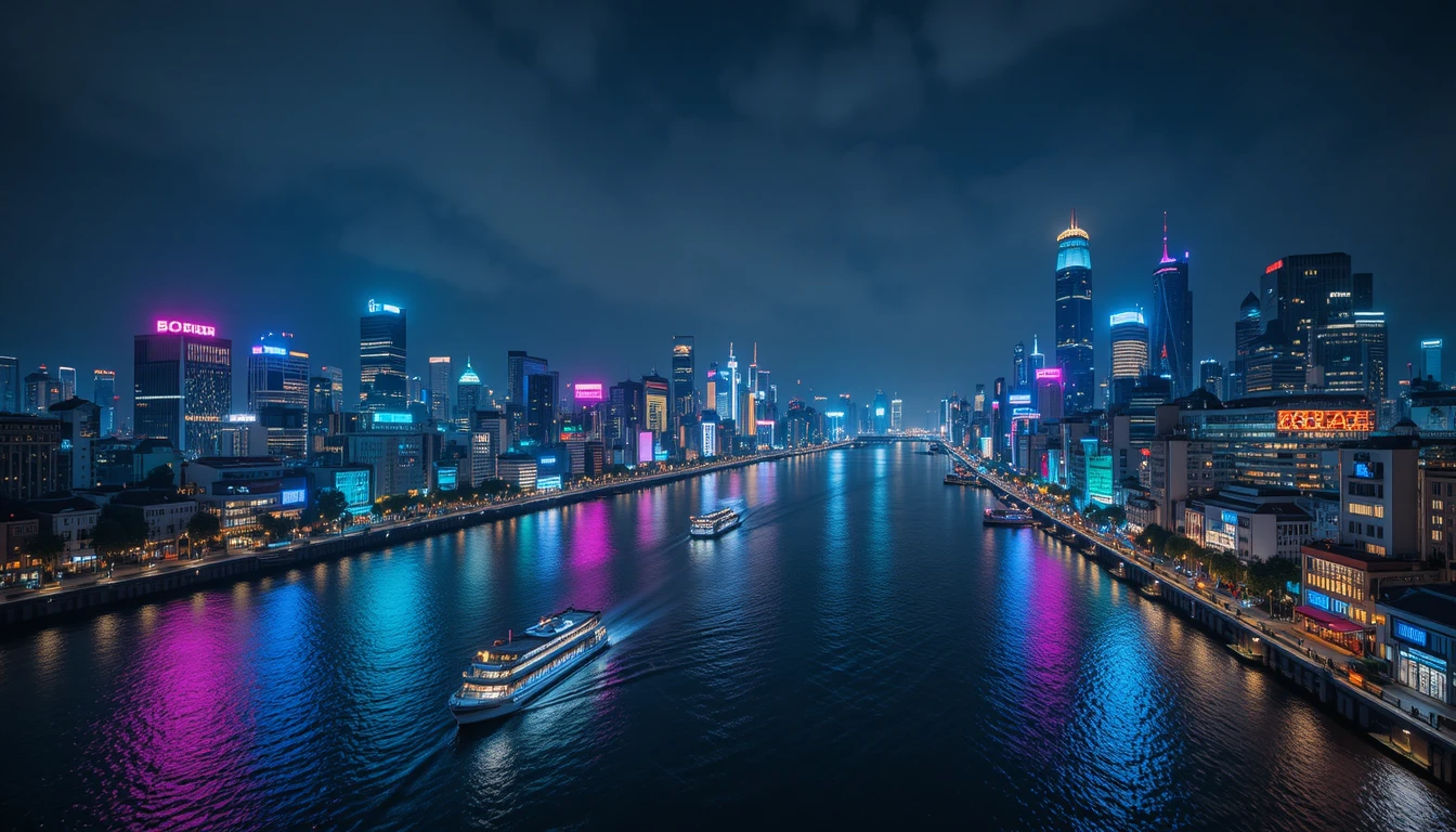 Skyline cittadino sul fiume illuminato al neon sotto un cielo stellato