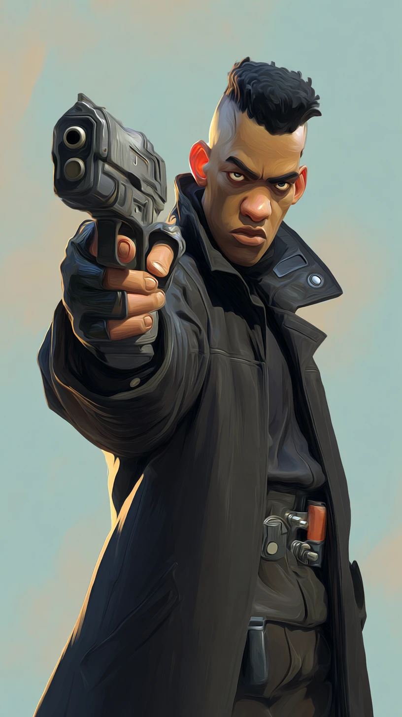 Herói ciborgue cyberpunk mirando uma pistola em movimento dinâmico