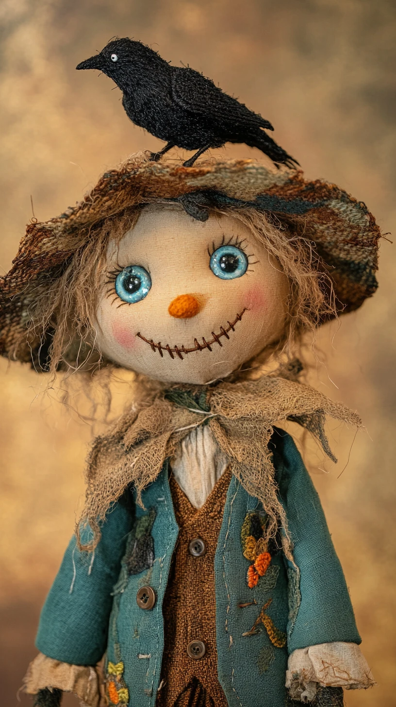 Retrato acolhedor de espantalho com corvo em chapéu remendado