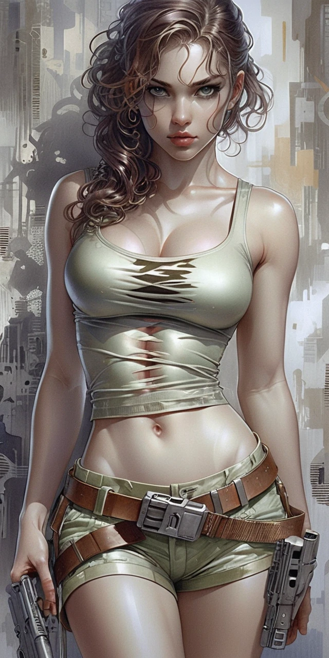 Battle hardened woman with pistols in ruined cityscape