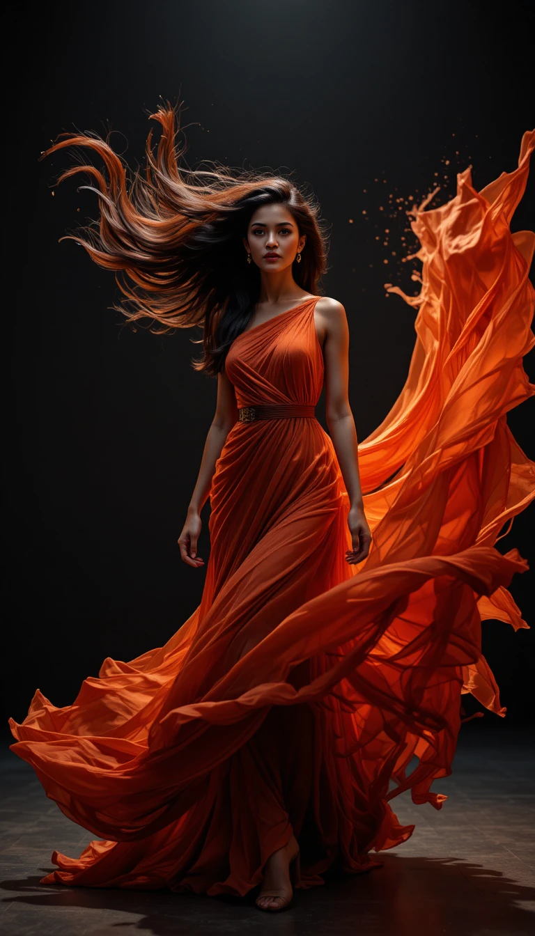 Modella indiana ribelle in abito di chiffon cremisi svolazzante