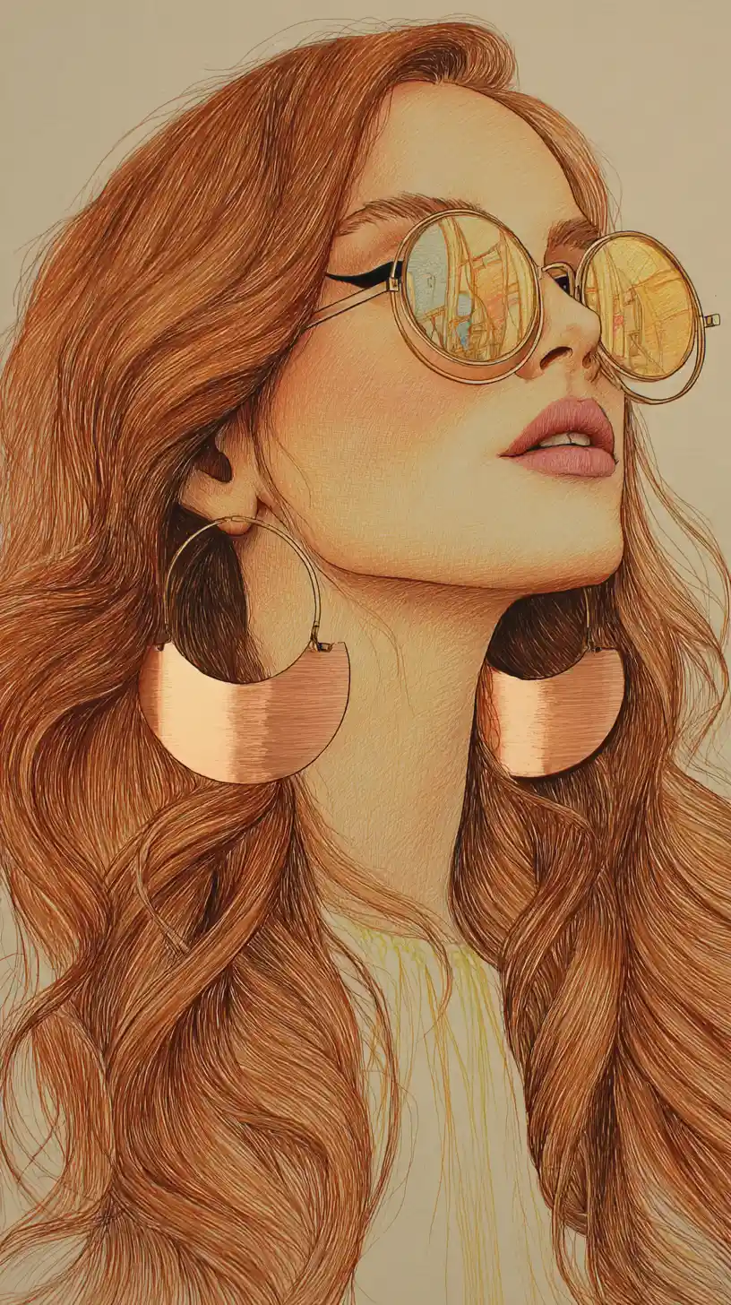 Elegante illustrazione di moda di donna di profilo con occhiali da sole dorati