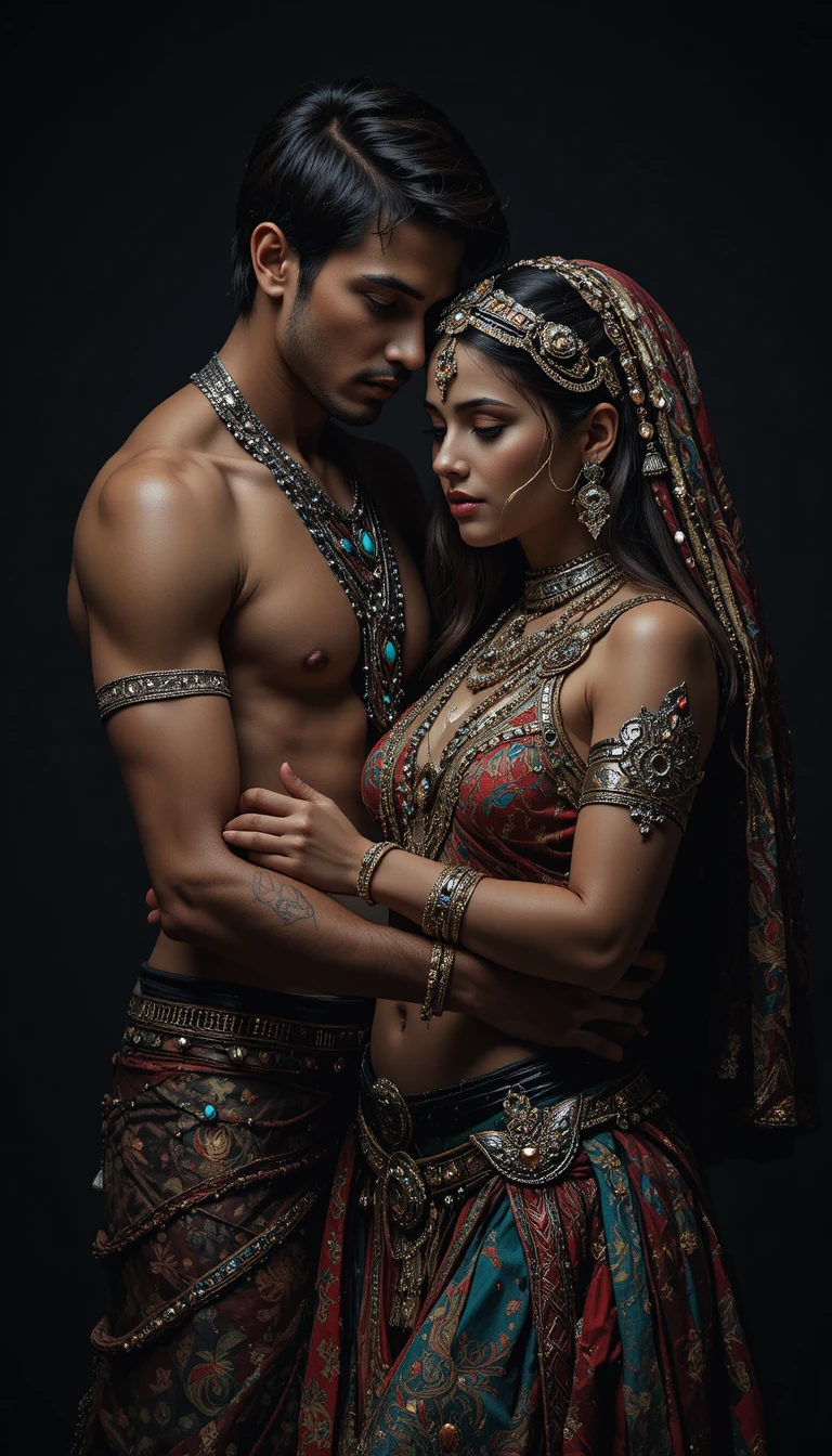 Casal em abraço íntimo com joias culturais ornamentadas