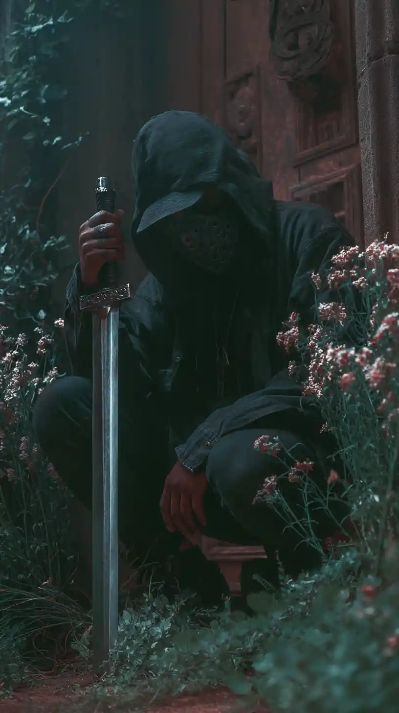 Defiant warrior woman using a sword to break a locked door