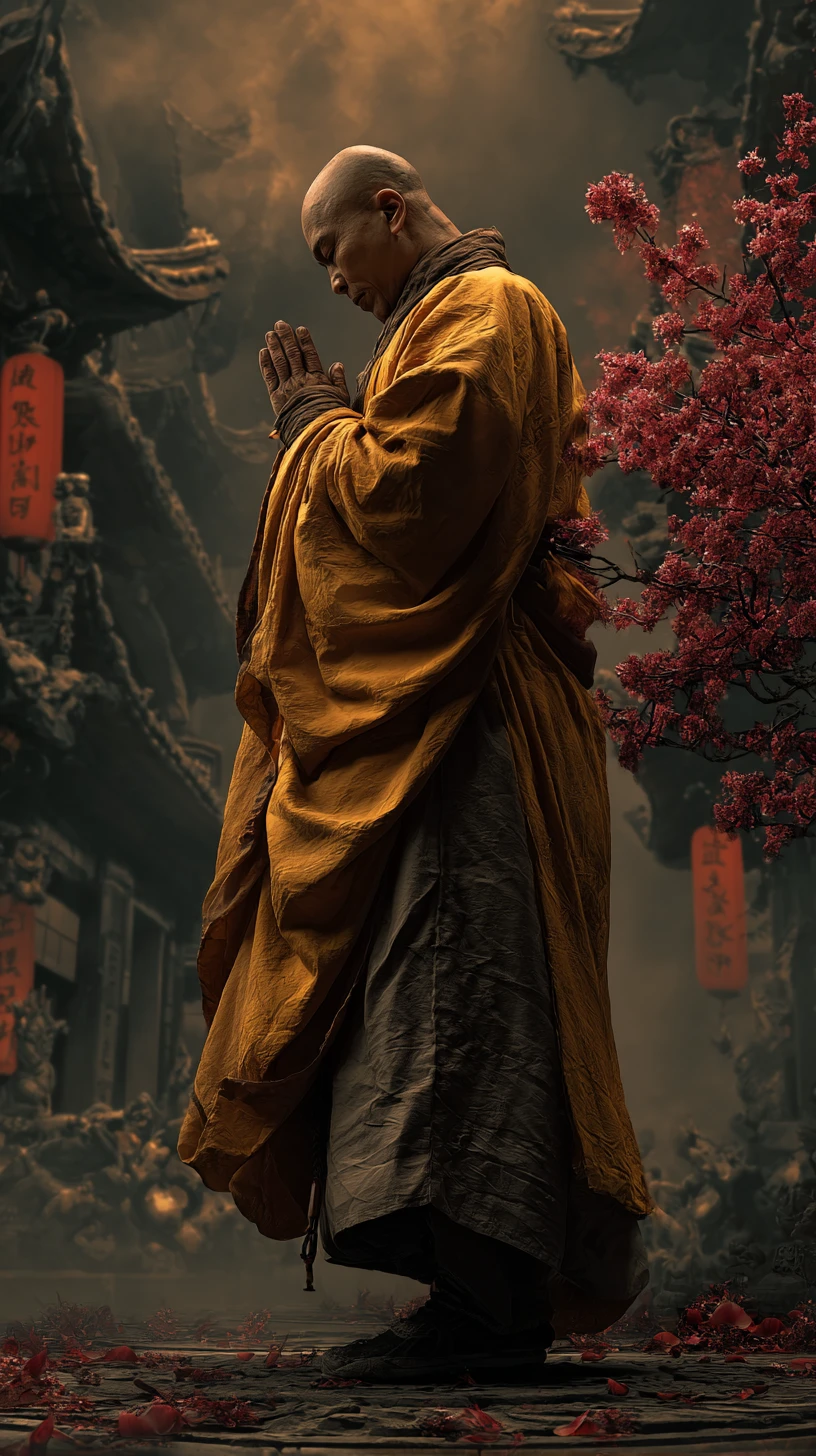 夕陽下在寺廟庭院打坐的少林僧人