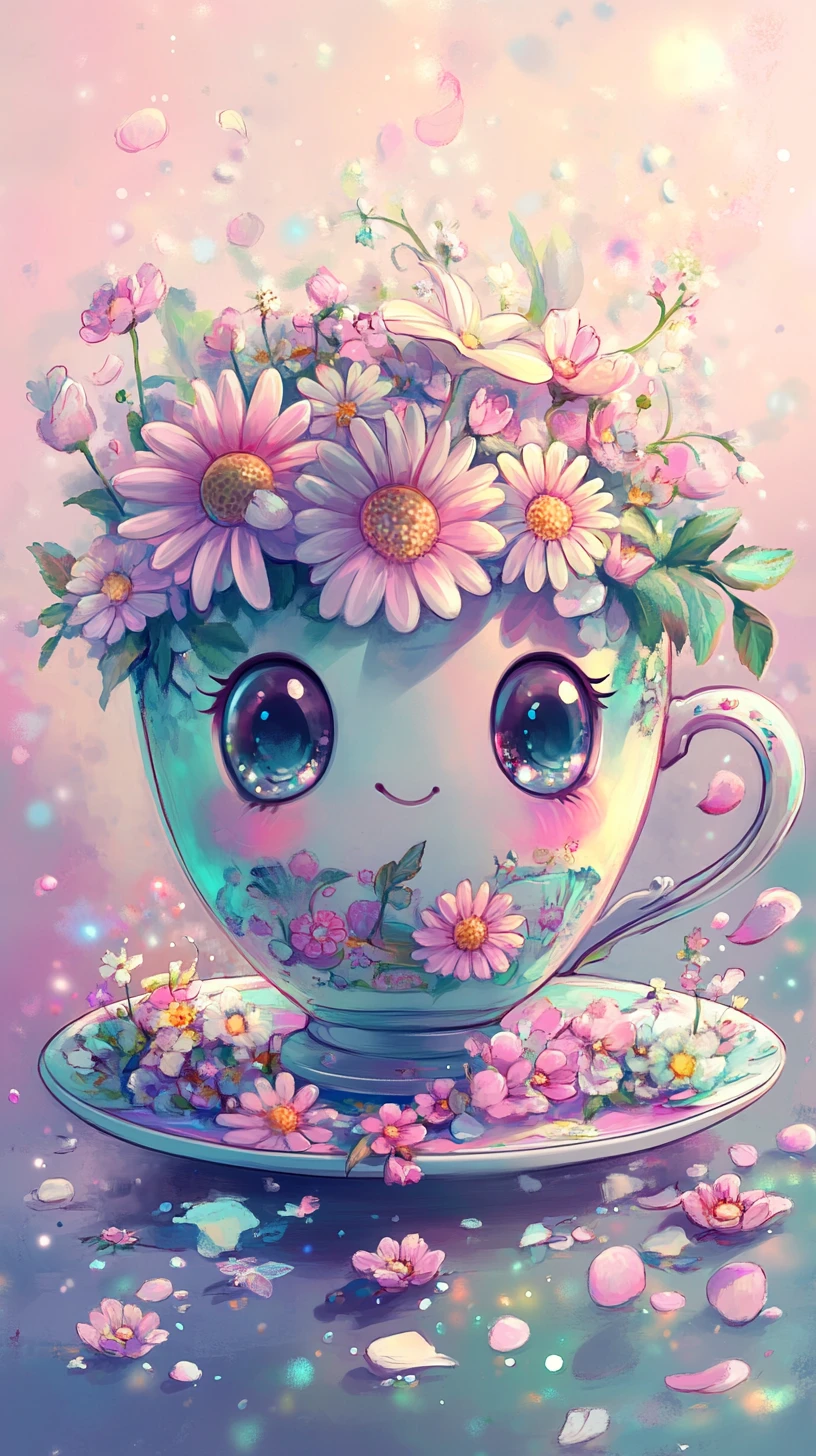 Xícara de chá fofa com flores de olhos grandes em tons pastéis