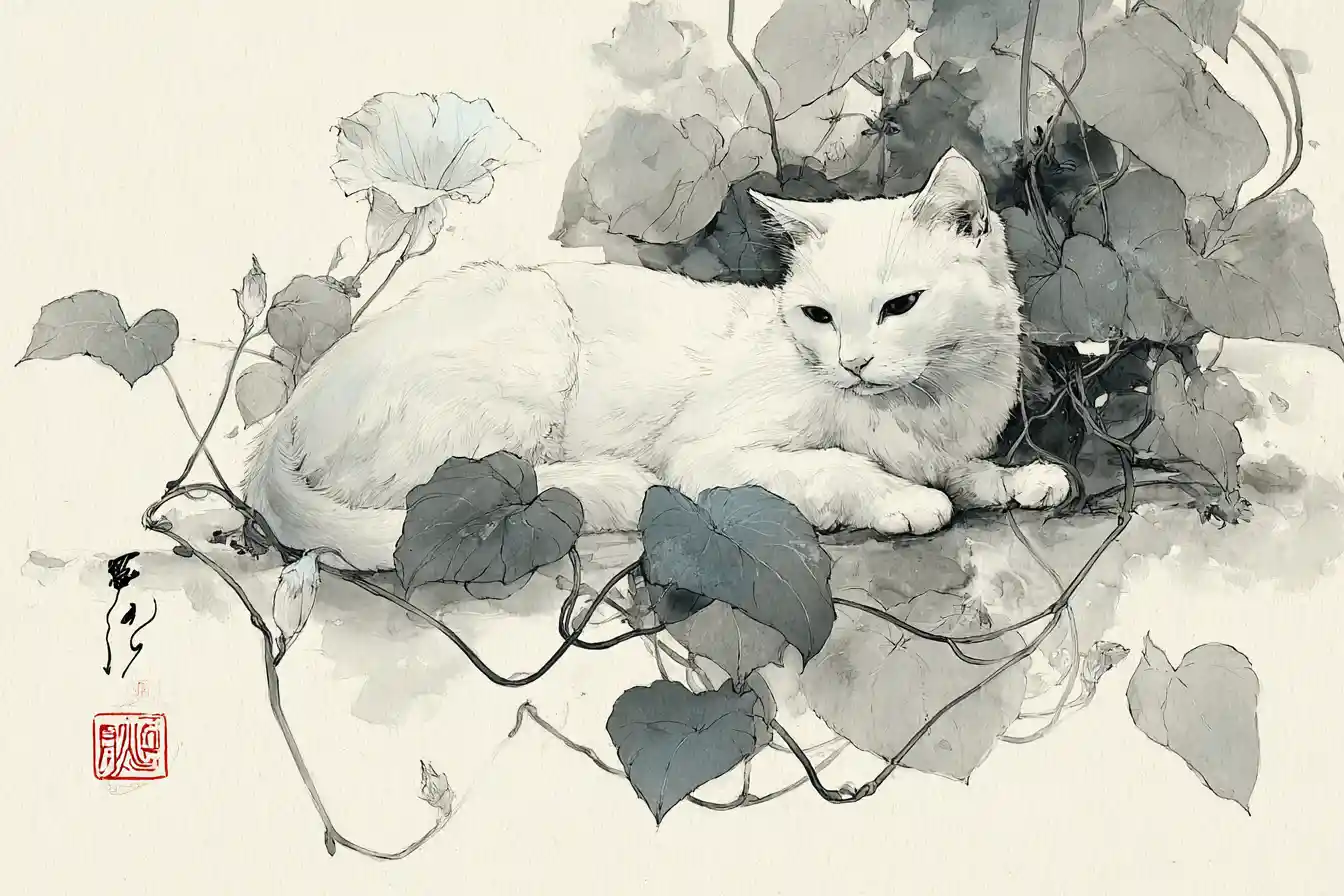 朝顔の花と白猫の水墨画