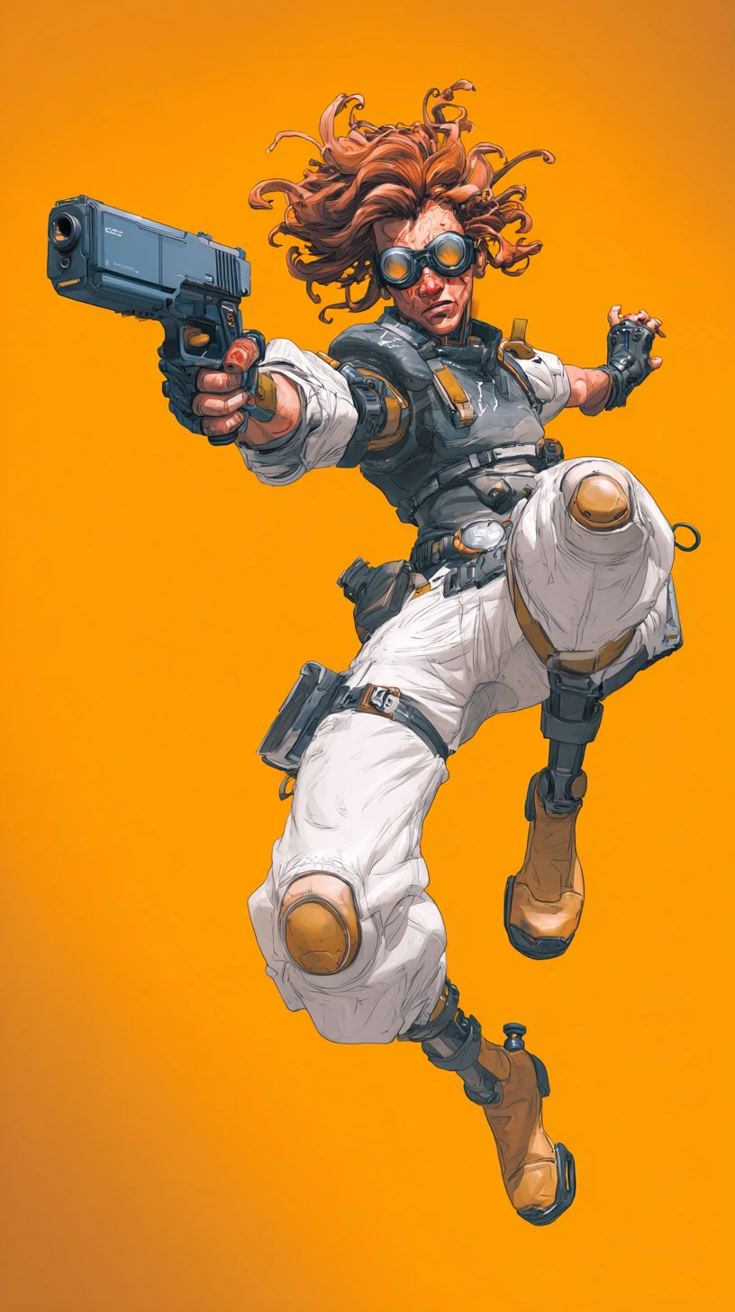 Ciborgue cyberpunk mirando uma pistola em uma pose de ação dinâmica