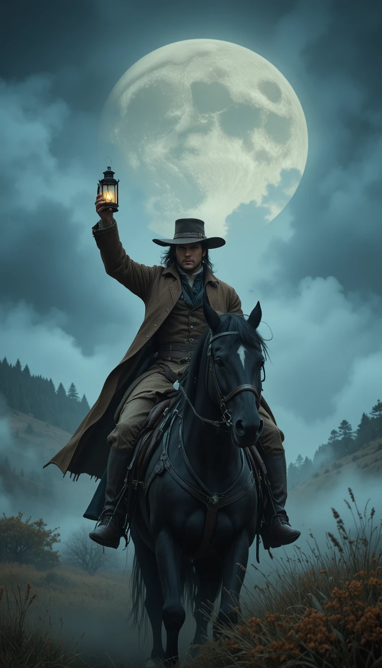 Bandito a cavallo di uno stallone nero in una campagna nebbiosa al chiaro di luna