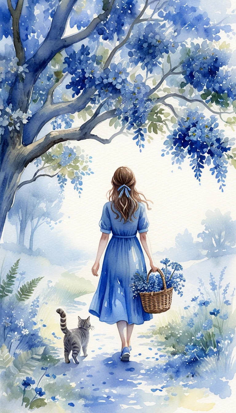 Girl in blue dress walking with cat under flowering tree