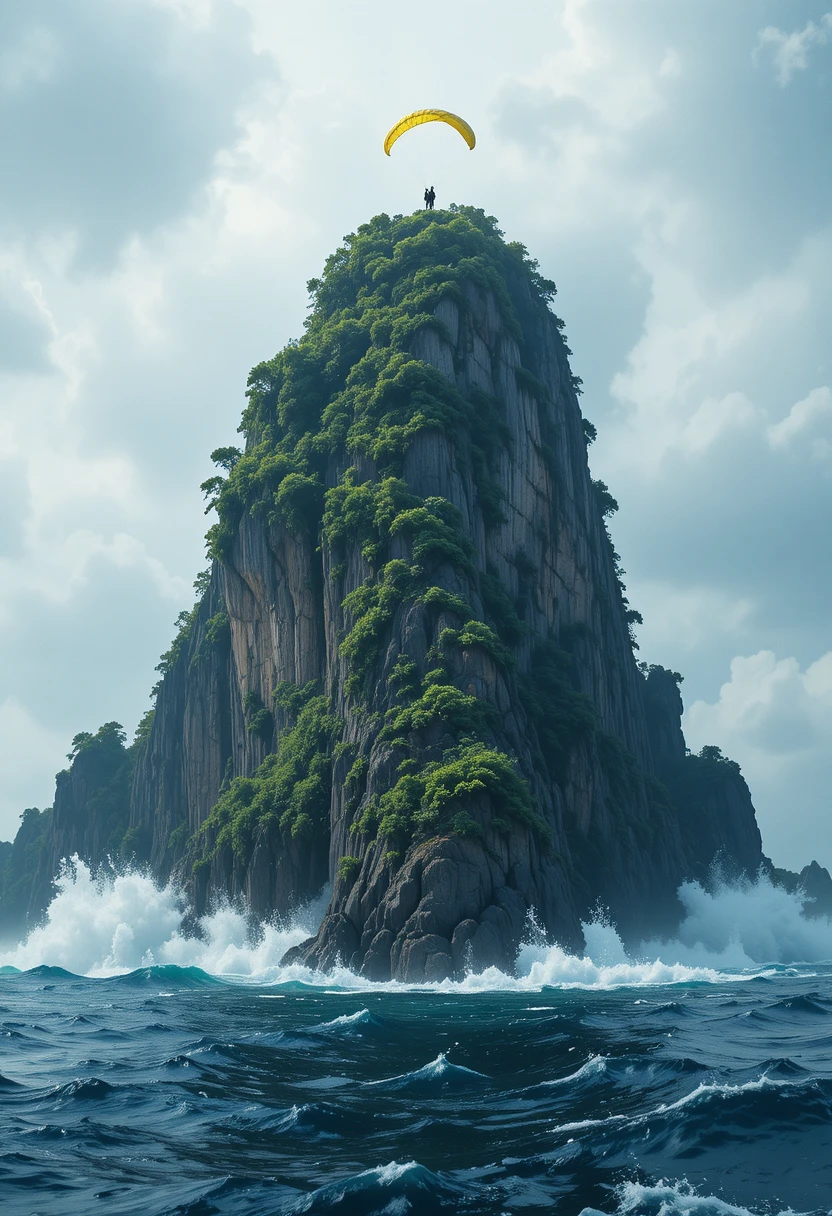 Dramatic sea stack with clouds and yellow parasailor