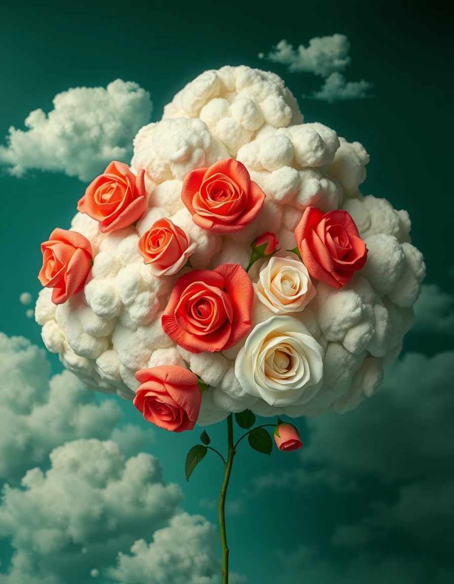 Nuvens surreais de rosas vermelhas e brancas aveludadas