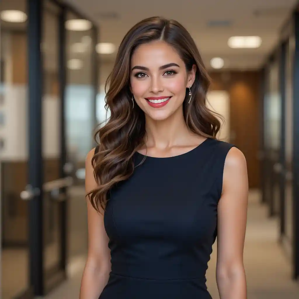 Mujer profesional sonriente con vestido corporativo en la oficina