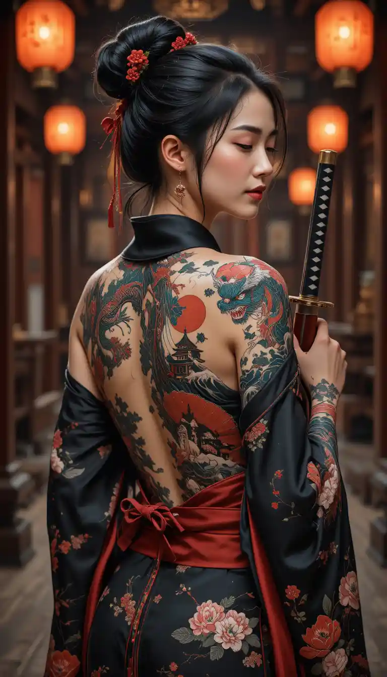 シルクの着物をまとい刀を構えた刺青の女戦士