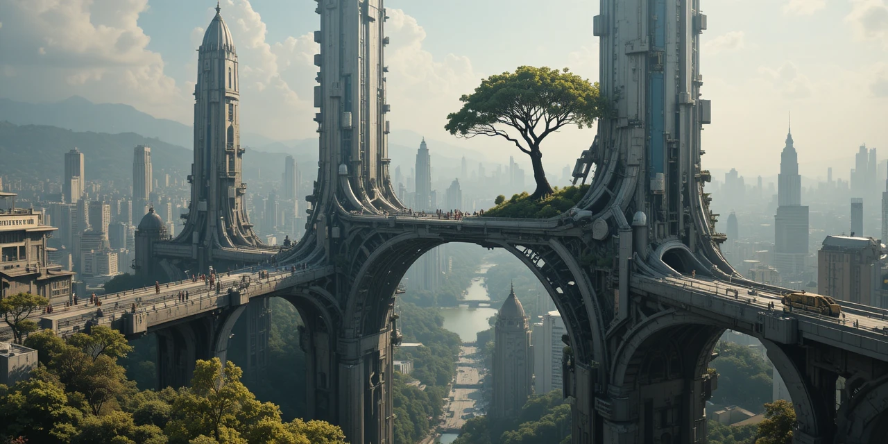 Futuristische Stadt mit Brücken und einem Baum, der durch die Architektur wächst
