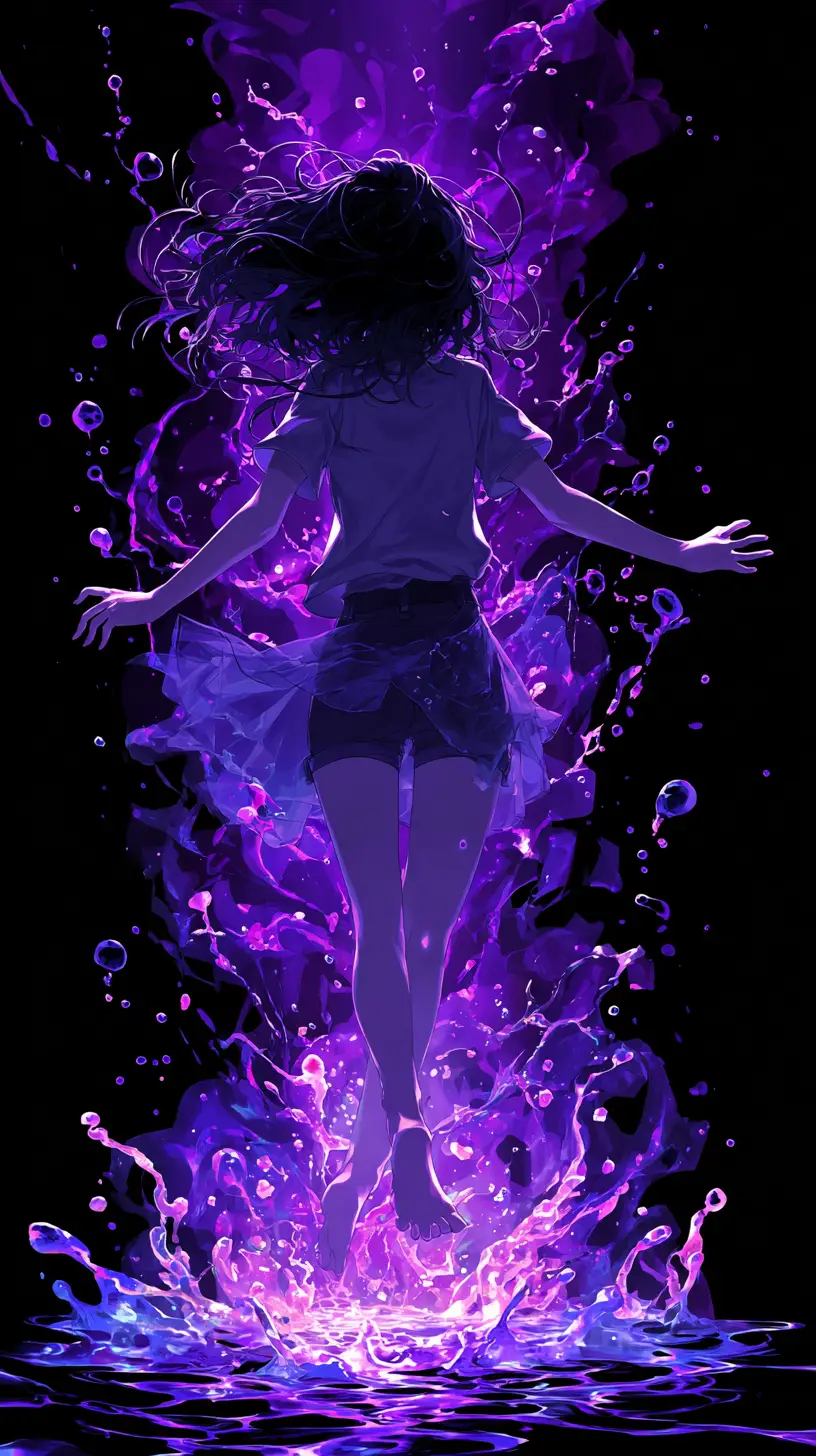 從發光紫色能量漩渦中升起的動漫女子