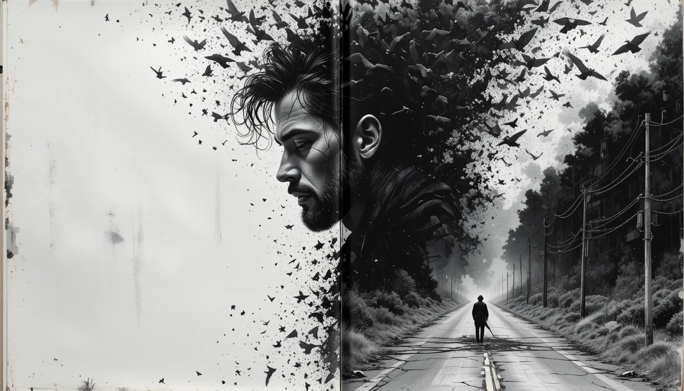 Homem marcado se dissolvendo em corvos em ilustração a tinta noir