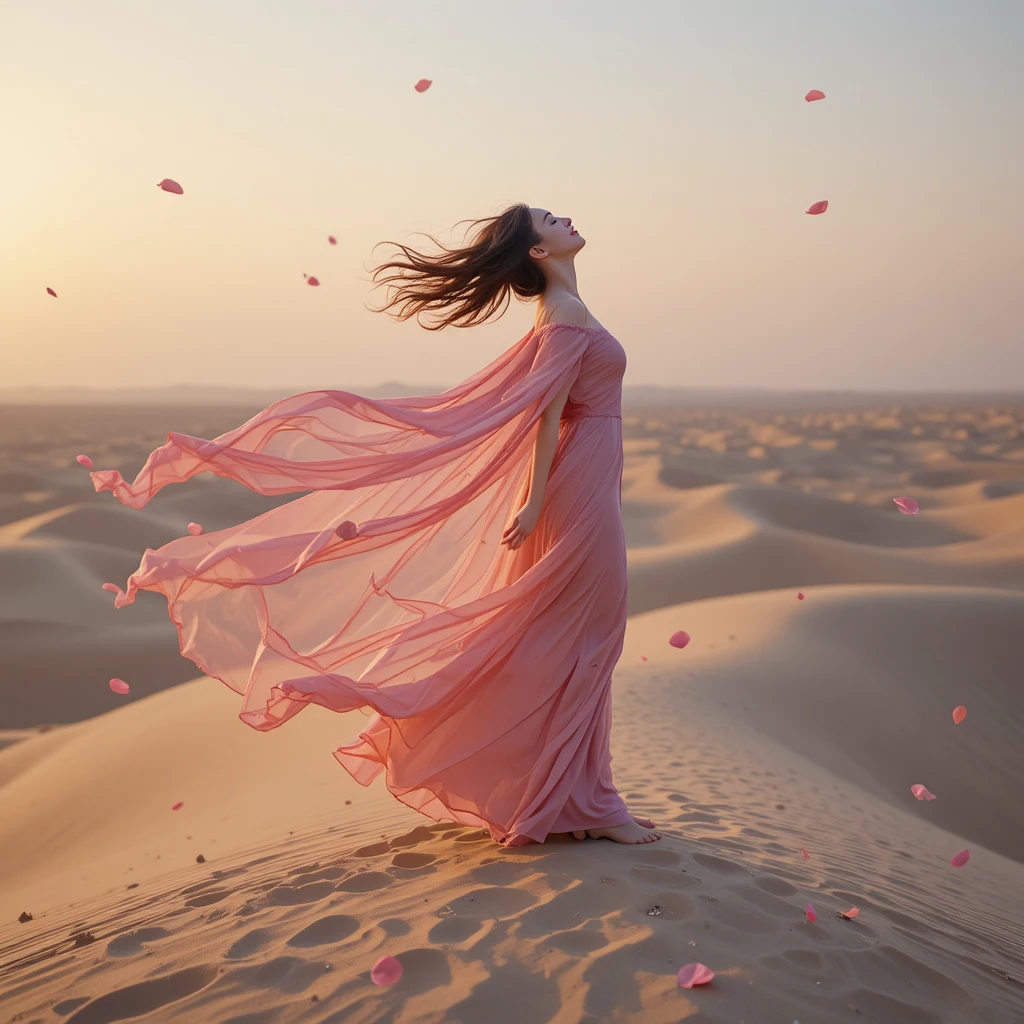 Garota em vestido de seda rosa esvoaçante em duna de areia ventosa